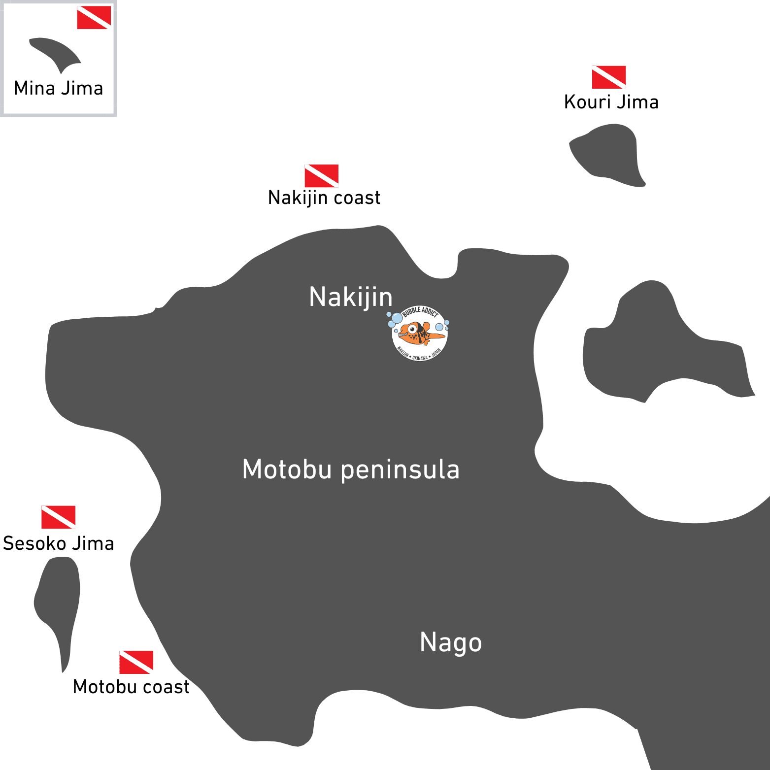 Map of dive site areas around the Motobu peninsula, northern Okinawa — Mina Jima, Sesoko Jima, Motobu coast, Nakijin coast and Kouri Jima, near North Okinawa Dive Center