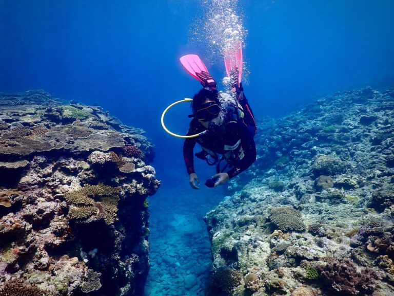 Small group of fun divers enjoying scuba diving in Okinawa Japan